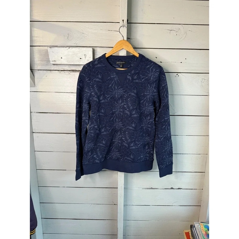 Banana Republic Mens Navy Blue Tropical Palm Leaf Print Crewneck Sweatshirt M